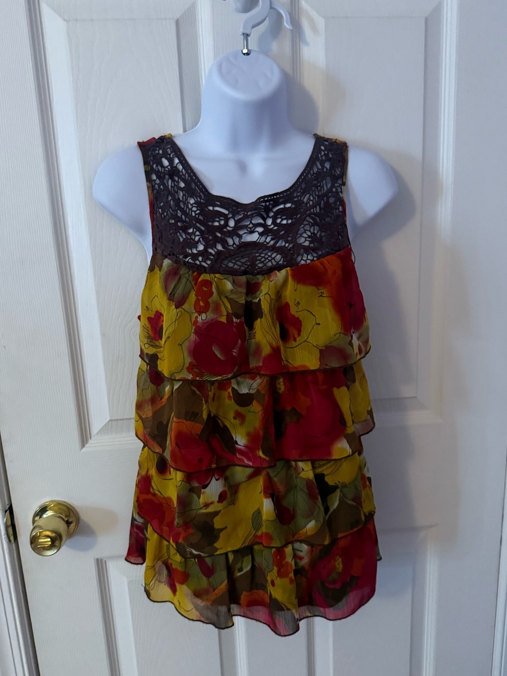 HeartSoul Yellow & Red Floral Tiered Camisole with Black Lace Yoke